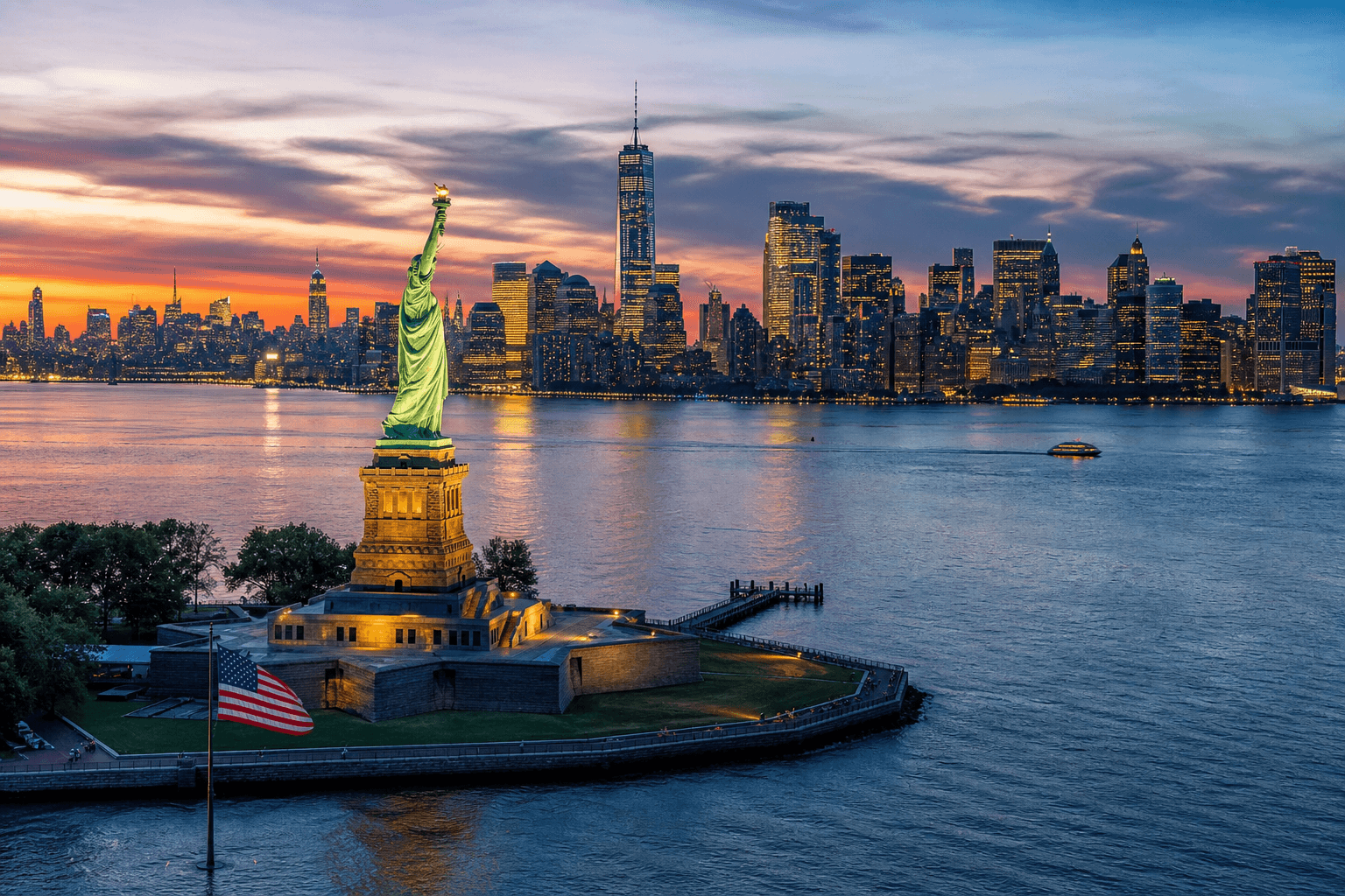 Aerial view of Statue of Liberty and Manhattan skyline
