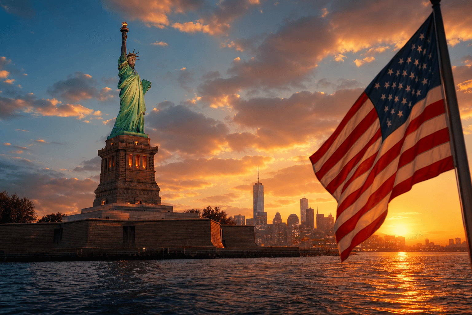 Statue of Liberty at sunset with American flag waving