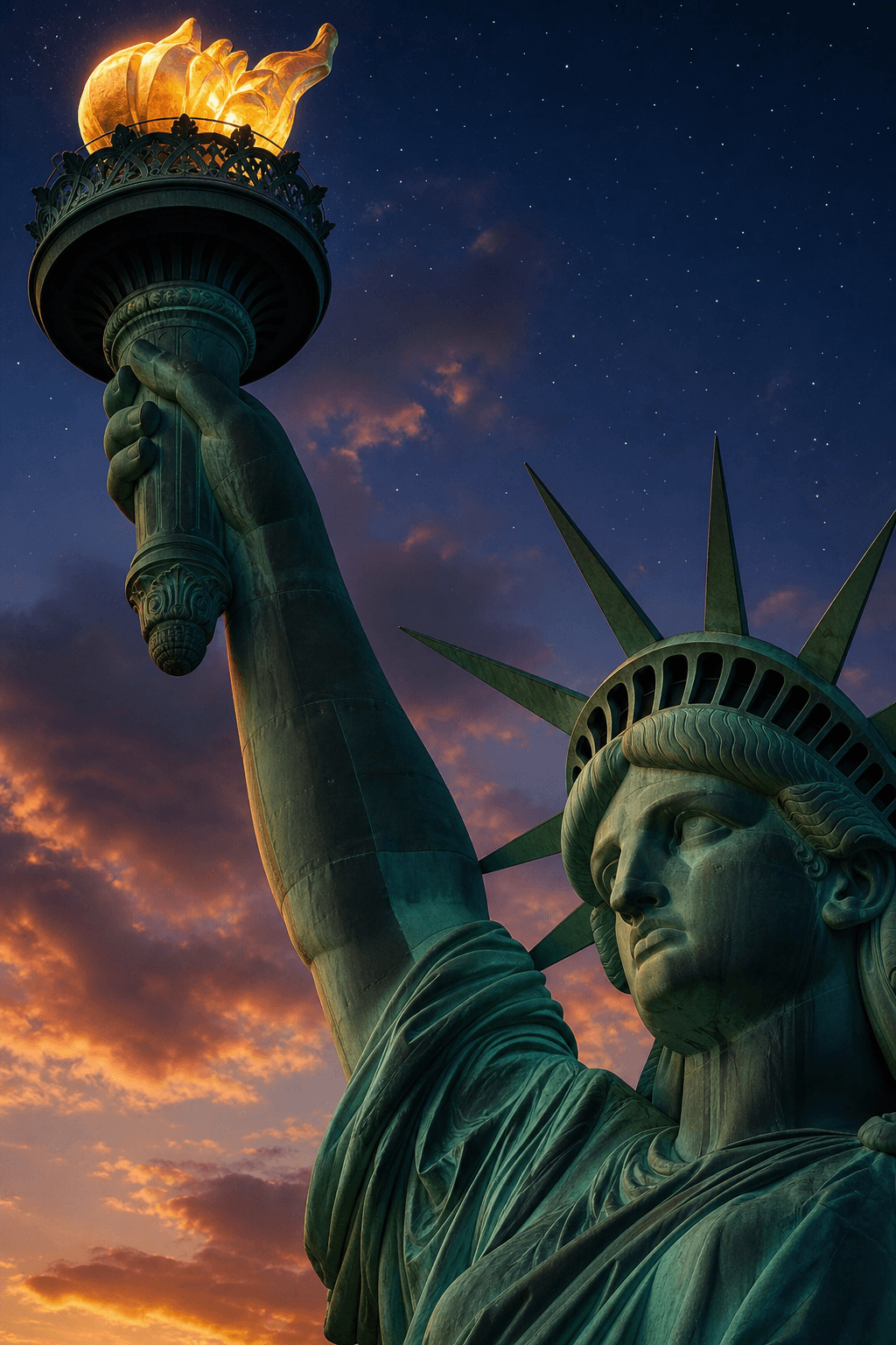 Statue of Liberty torch glowing at twilight